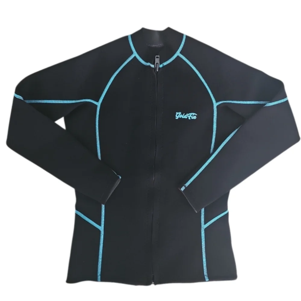 GoldFin Neoprene Full Zip Jacket Women’s Large Black Blue Athletic Wetsuit Top